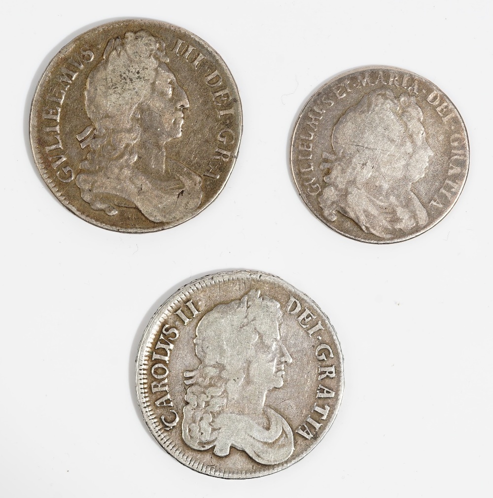A Charles II crown 1677, a William III crown 169? and a William and Mary half crown 1693, (3).