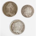 A Charles II crown 1677, a William III crown 169? and a William and Mary half crown 1693, (3).