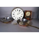 Collectables, a 20th century clock movement, a 19th century mantel clock and two copper pans.