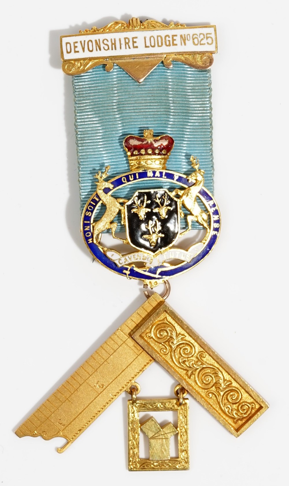 A Devonshire Lodge No 625 gold, gilt metal and enamelled Masonic jewel,