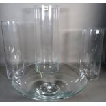 Glassware comprising; a modern group of three cylindrical glass vases,