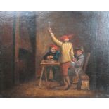 Manner of David Teniers, Figures in a tavern, oil on panel, unframed, 20cm x 24.5cm.