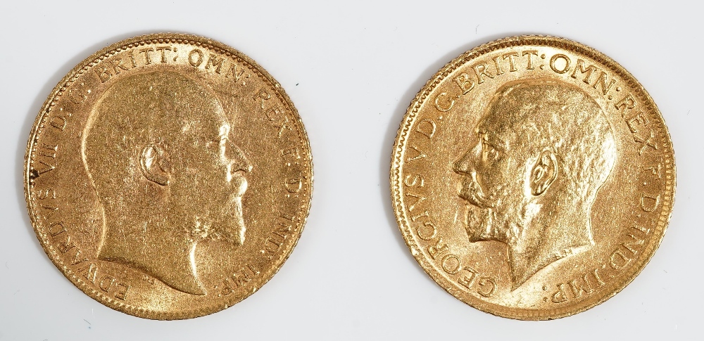 An Edward VII sovereign 1909 and a George V sovereign 1913, (2).