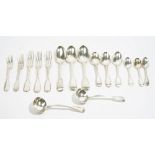A George IV silver fiddle and thread pattern part canteen of table flatware, by Charles Eley,