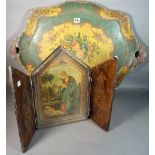 A late Victorian papier mache green painted tray, with foliate decoration, 76cm wide,