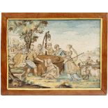 An 18th century silkwork panel, depicting Rebecca at the well, in a wooden frame,