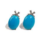 A pair of 18ct white gold, diamond and turquoise-set earclips The tops of cross design,