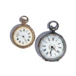 A gold cased, keyless wind, openfaced lady's fob watch, with an unsigned gilt cylinder movement,