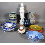 Ceramics; an Asian 'blanc de chine' figure of Guan Yin, Asian style pottery vases,