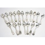 Eighteen mostly American fiddle pattern large teaspoons, differing makers, 19th century,