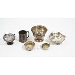 Silver comprising: a Victorian mug, Birmingham 1874, a rose bowl with a plated grille,