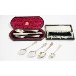 Silver flatware, comprising; a pair of sugar tongs, with bright cut and pierced decoration,