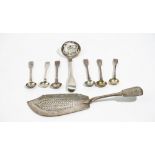Silver, comprising: a fiddle pattern fish slice, London 1826, a fiddle pattern sugar sifting spoon,