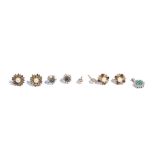 A 9ct gold, emerald and diamond cluster pendant, a pair of 9ct gold,