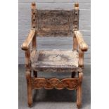 A 19th century Spanish stripped hardwood leather upholstered square back open armchair,