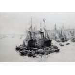 William Lionel Wyllie (British 1851-1931), Trawlers and rowing boats, etching, signed, 19cm x 27.
