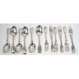 Fiddle pattern silver table flatware, comprising; six Victorian dessert spoons,