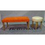 A modern rectangular footstool on ring turned tapering supports, 107cm wide x 46cm high,
