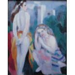 After Marie Laurencin, Jeunes Filles, an over painted print, inscribed on reverse, 24cm x 19cm.