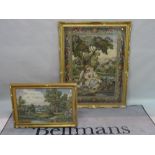 A group of three modern gilt framed needlework tapestries, the largest 106cm wide x 132cm high,