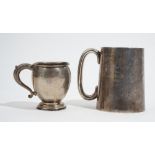 Silver, comprising; a large mug of tapered cylindrical form, with a 'C' shaped handle,