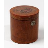 A George III satinwood banded later polychrome painted circular mahogany tea caddy,