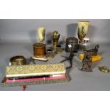 Collectables, including Russian style metal lidded pot, horn cups, cut throat razors,