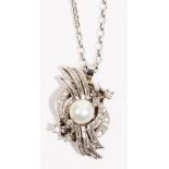 A diamond and cultured pearl pendant, in a scroll and twist design, as converted from a clasp,