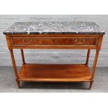 A French walnut and brass bound console table, 19th century, with grey veined marble top,