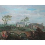 English Provincial School (19th century), View of a farm in a landscape, with figures by a bridge,