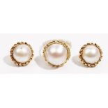 A mabé cultured pearl ring and earclip suite Set in 14k yellow gold, gross weight 23.