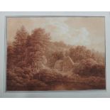 German School (c.1800), A cottage in a wooded landscape, sepia watercolour, unframed, 38cm x 51.5cm.