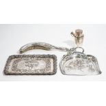 Plated wares, comprising; a crumb brush and tray, with Art Nouveau decoration,