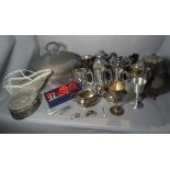 Silver plated items including a teapot, jugs, flatware and sundry (qty).