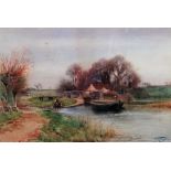 Henry Charles Fox (British, 1855-1929), Barge on the canal, watercolour, signed and dated 1902,