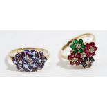A 9ct gold, tanzanite and diamond cluster ring, ring size N and a half and a gold, diamond, ruby,