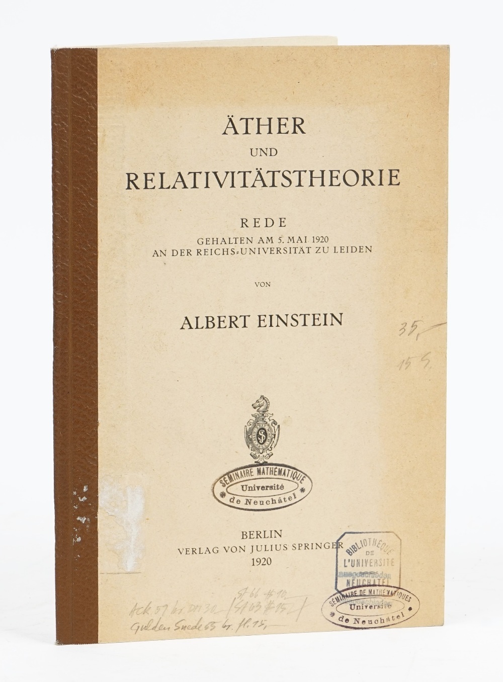 EINSTEIN, Albert (1879-1955). Äther und Relativitatstheorie rede Gehalten am 5.