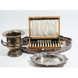 A group of plated wares, comprising; a large oval twin handled gallery tray,