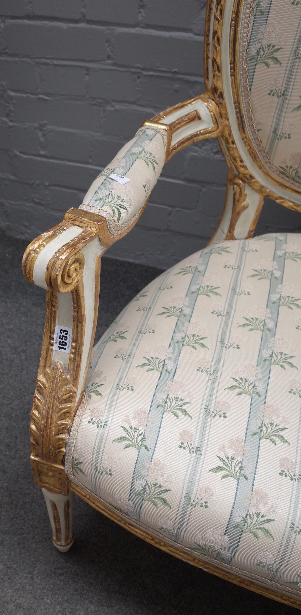 A Louis XVI style painted and gilt framed upholstered settee, 19th century, with ribbon mouldings, - Image 4 of 4