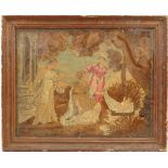 A 19th century stumpwork picture, depicting Moses being found in the bulrushes, in a giltwood frame,