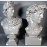 A modern grey painted resin bust of a classical figure, 55cm high, and another similar, 60cm high,