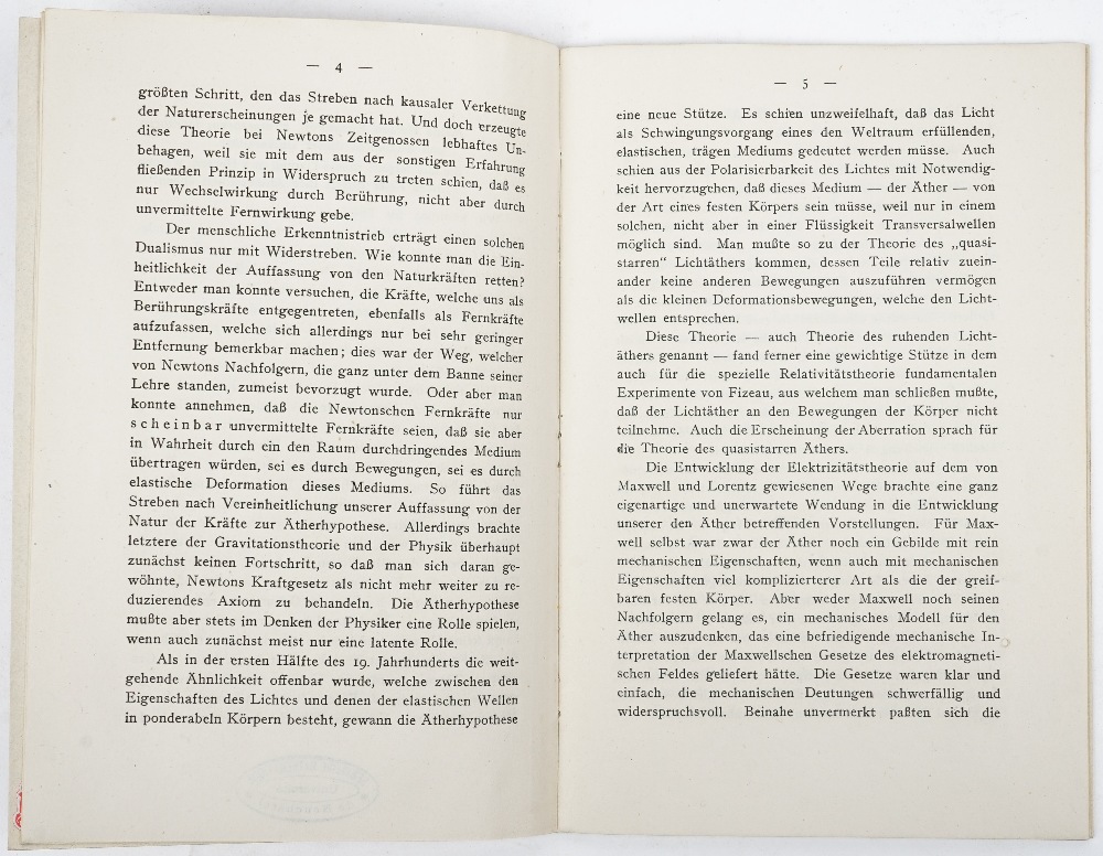 EINSTEIN, Albert (1879-1955). Äther und Relativitatstheorie rede Gehalten am 5. - Image 4 of 4