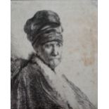 Rembrandt van Rijn (Dutch, 1606-1669), Bust of a man wearing a high cap, etching, 11cm x 8cm.