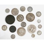 British pre-Victorian coinage comprising; George III; three crowns, a half crown, two shillings,
