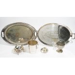 A group of plated wares, comprising; two oval twin handled trays, both presentation inscribed,