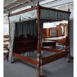 A contemporary carved mahogany four poster bed, in George III style, with palmette carved,