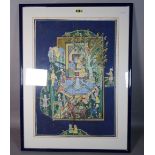 A modern Indian painted silkwork picture, 50cm wide x 73cm high, and another smaller,