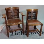 HANS WAGNER, a set of five early 20th century oak and leather backed dining chairs,