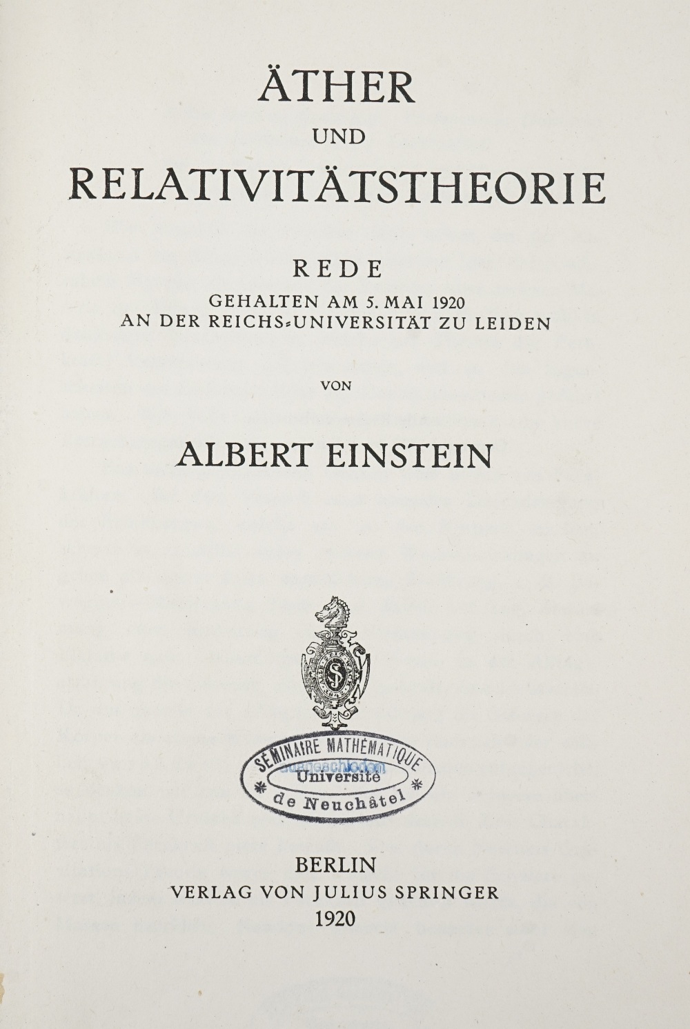 EINSTEIN, Albert (1879-1955). Äther und Relativitatstheorie rede Gehalten am 5. - Image 3 of 4