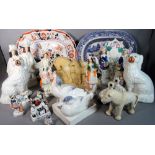 Ceramics including; a pair of Staffordshire flatback figures, a pair of Staffordshire dog figures,